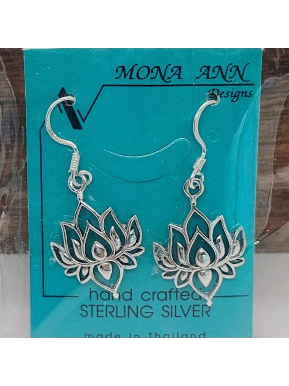 Sterling Silver Lotus Flower Dangle Earrings by Mona Ann Designs Thailand